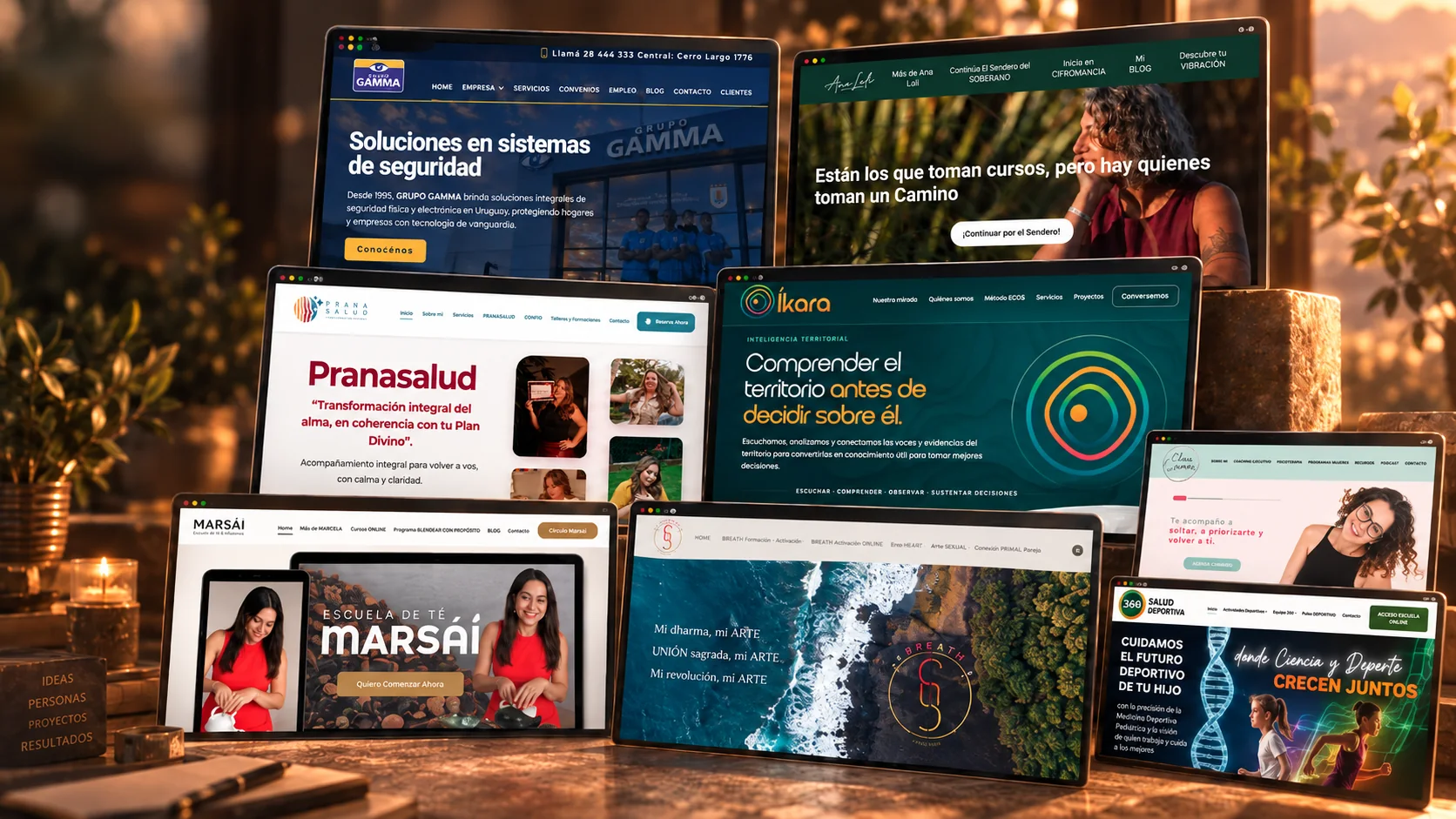 Collage de proyectos web desarrollados para Grupo Gamma, Ana Lali, Pranasalud, ÍKARA y otros clientes